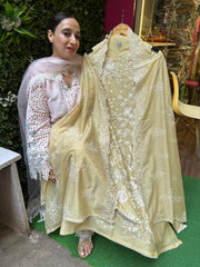 UNSTITCHED PURE MULMUL CHANDERI RESHAM WORK SUITS.