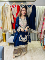 STITCHED PURE RUSSIAN SATIN ANTIQUE DABKA WORK SUITS WITH BROCADE PANTS AND POTLIS