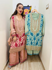 stitched pure TISSUE SILK PARSI WORK SUITS