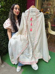 UNSTITCHED PURE MULMUL CHANDERI APPLIQUE HANDWORK SUITS.