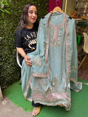 UNSTITCHED PURE TISSUE BANARSI HANDWORK SUITS.