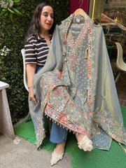 UNSTITCHED PURE TISSUE BANARSI HANDWORK SUITS.