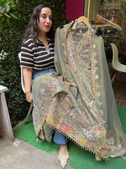 UNSTITCHED PURE TISSUE BANARSI HANDWORK SUITS.