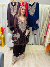 STITCHED PURE CHINON HANDWORK SUITS WITH FARSHI SALWAR WITH PURE CHINON DUPATTAS.
