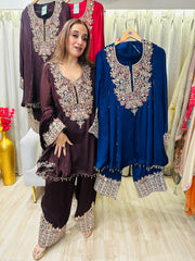 STITCHED PURE CHINON HANDWORK SUITS WITH FARSHI SALWAR WITH PURE CHINON DUPATTAS.