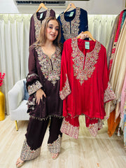 STITCHED PURE CHINON HANDWORK SUITS WITH FARSHI SALWAR WITH PURE CHINON DUPATTAS.