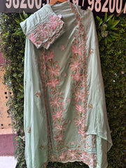 UNSTITCHED MULMUL SUITS WITH RESHAM WORK.
