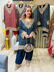 STITCHED PURE GAJJI SILK AJRAK PRINTING CHOGA SETS WITH POTLIS