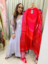 UNSTITCHED PURE GAJJI SILK BANDHNI PRINTING SUITS WITH MIRROR WORK