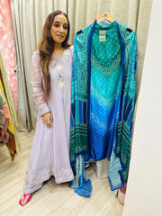 UNSTITCHED PURE GAJJI SILK BANDHNI PRINTING SUITS WITH MIRROR WORK