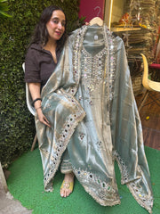 UNSTITCHED PURE TISSUE ORGANZA HANDWORK SUITS.