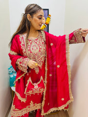 STITCHED PURE RUSSIAN SATIN ANTIQUE DABKA AND PEARLS WORK SUITS WITH POTLIS
