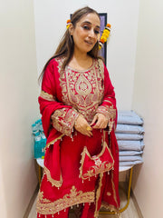 STITCHED PURE RUSSIAN SATIN ANTIQUE DABKA AND PEARLS WORK SUITS WITH POTLIS
