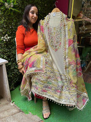 UNSTITCHED PURE TISSUE ORGANZA HANDWORK SUITS.