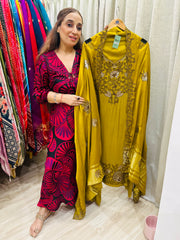 UNSTITCHED PURE SATIN SILK SUITS WITH TILLA AND RESHAM WORK