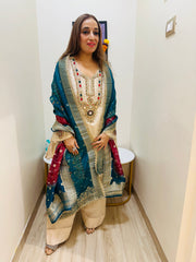 STITCHED PURE BANARSI BROCADE KUNDAN WORK SUITS WITH FARSHI SALWAR WITH DIGITAL DUPATTAS