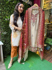 UNSTITCHED PURE TISSUE ORGANZA HANDWORK SUITS.