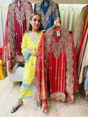UNSTITCHED PURE TISSUE SILK LUREX SUITS WITH MIRROR WORK AND ANTIQUE WORK.