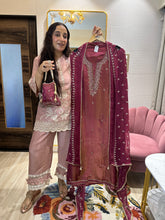 UNSTITCHED PURE SHIMMER SILK NALKI HANDWORK POTLI SUITS.