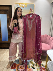 UNSTITCHED PURE SHIMMER SILK NALKI HANDWORK POTLI SUITS.