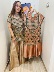 STITCHED PURE TISSUE SILK HANDWORK JEWELLERY SUIT.