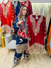 STITCHED PURE RUSSIAN SATIN ANTIQUE WORK SUITS.