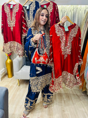 STITCHED PURE RUSSIAN SATIN ANTIQUE WORK SUITS.