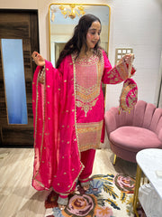 STITCHED PURE OPADA SILK DABKA ANTIQUE WORK SUITS WITH POTLIS.