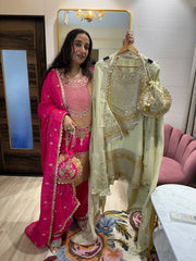 STITCHED PURE OPADA SILK DABKA ANTIQUE WORK SUITS WITH POTLIS.