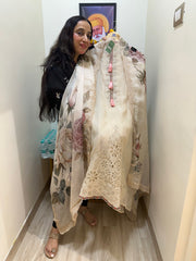 UNSTITCHED PURE MULMUL CHANDERI CUTWORK SUITS WITH DIGITAL DUPATTAS.