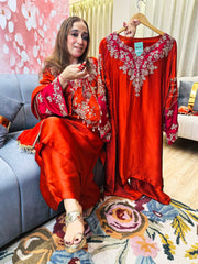 STITCHED PURE RUSSIAN SATIN NALKI WORK SUITS.
