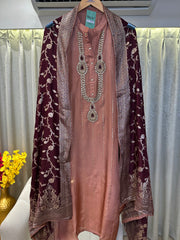 UNSTITCHED PURE RUSSIAN SILK KUNDAN WORK SUITS.
