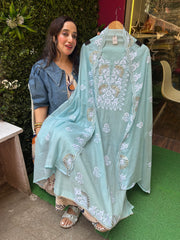 Unstitched PURE MULMUL CHANDERI PITA WORK THREAD WORK SUITS.