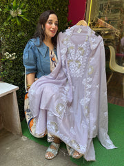 Unstitched PURE MULMUL CHANDERI PITA WORK THREAD WORK SUITS.