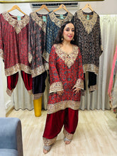 STITCHED AJRAK PRINTING CHOGA SETS WITH ZARDOZI ANTIQUE WORK WITH FARSHI SALWAR.