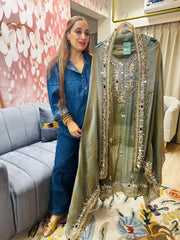 UNSTITCHED PURE TISSUE ORGANZA SHADED SUITS WITH MIRROR WORK AND GOTA WORK.