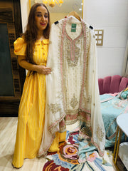 UNSTITCHED PURE TISSUE BANARSI HANDWORK SUITS.