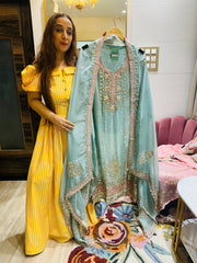 UNSTITCHED PURE TISSUE BANARSI HANDWORK SUITS.