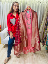 UNSTITCHED PURE RUSSIAN SILK KUNDAN WORK SUITS WITH BANARSI DUPATTAS