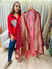 UNSTITCHED PURE RUSSIAN SILK KUNDAN WORK SUITS WITH BANARSI DUPATTAS