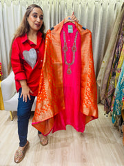 UNSTITCHED PURE RUSSIAN SILK KUNDAN WORK SUITS WITH BANARSI DUPATTAS