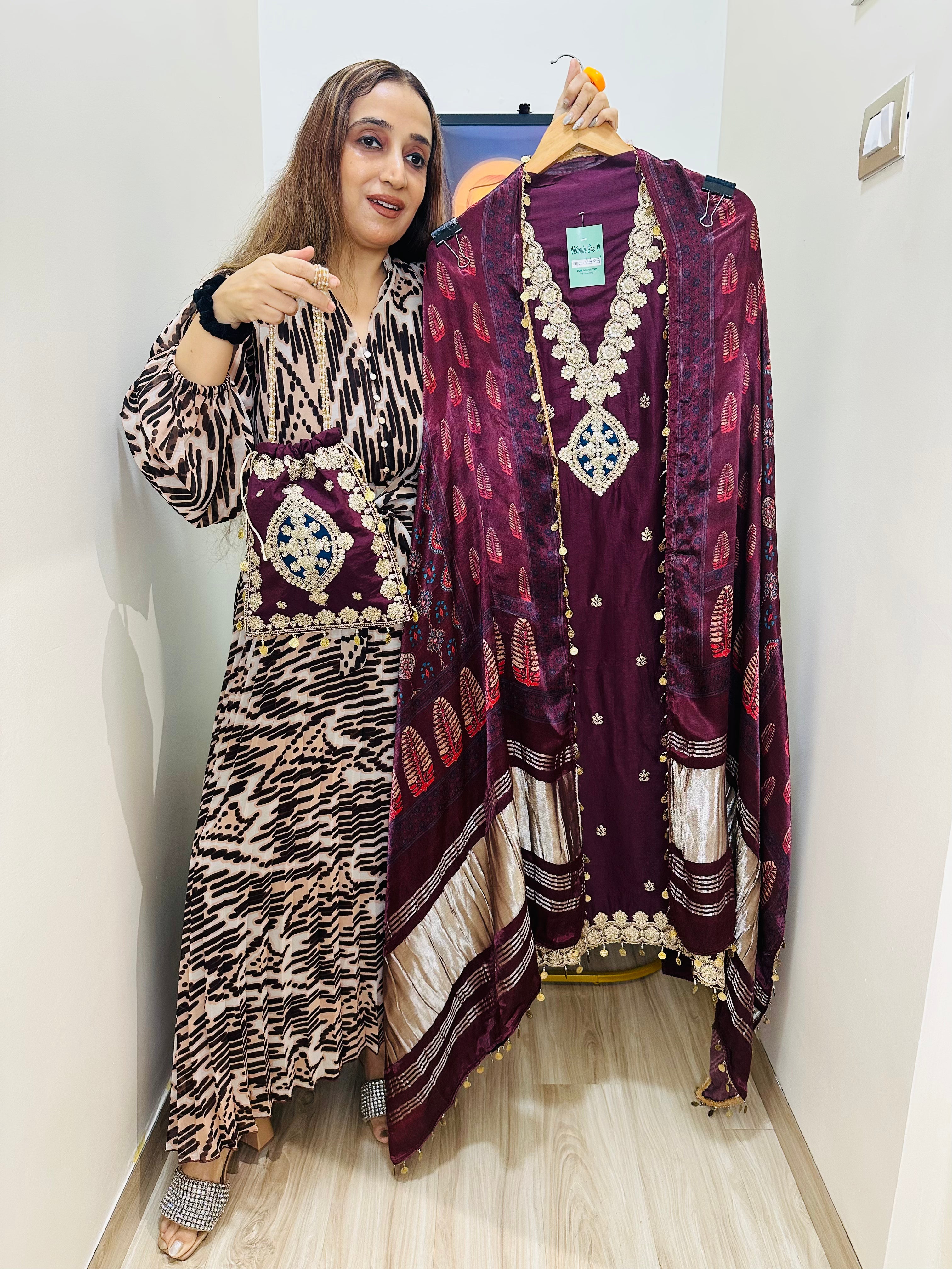 UNSTITCHED PURE RUSSIAN SILK SUITS WITH AJRAK GAJJI DUPATTAS WITH POTLIS