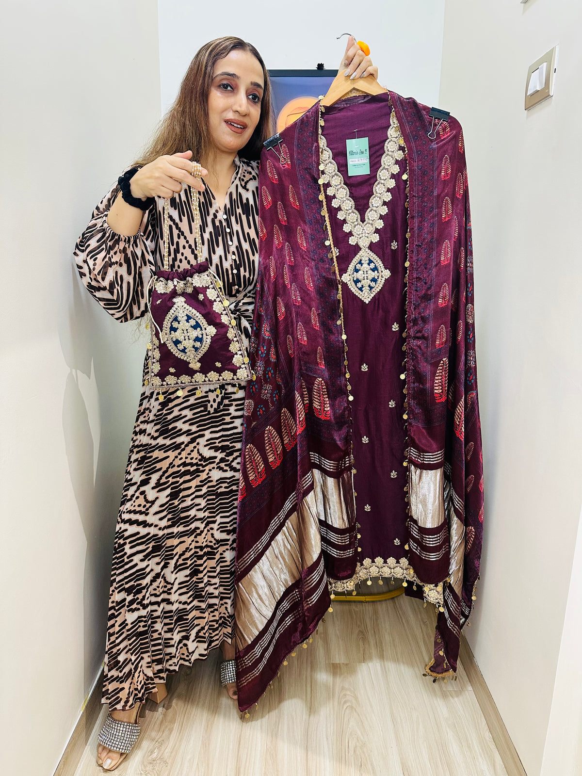 UNSTITCHED PURE RUSSIAN SILK SUITS WITH AJRAK GAJJI DUPATTAS WITH POTLIS