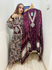 UNSTITCHED PURE RUSSIAN SILK SUITS WITH AJRAK GAJJI DUPATTAS WITH POTLIS