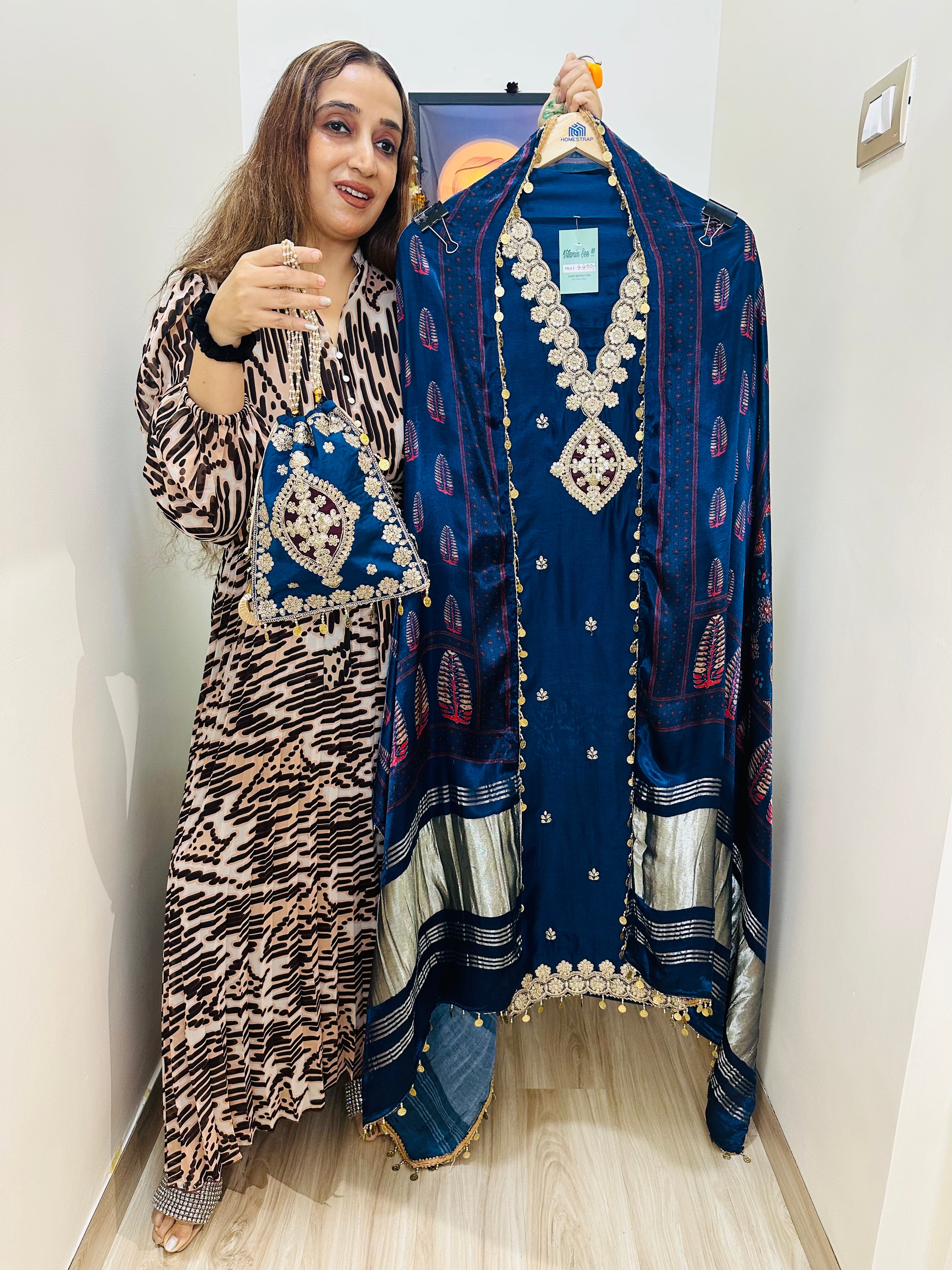 UNSTITCHED PURE RUSSIAN SILK SUITS WITH AJRAK GAJJI DUPATTAS WITH POTLIS