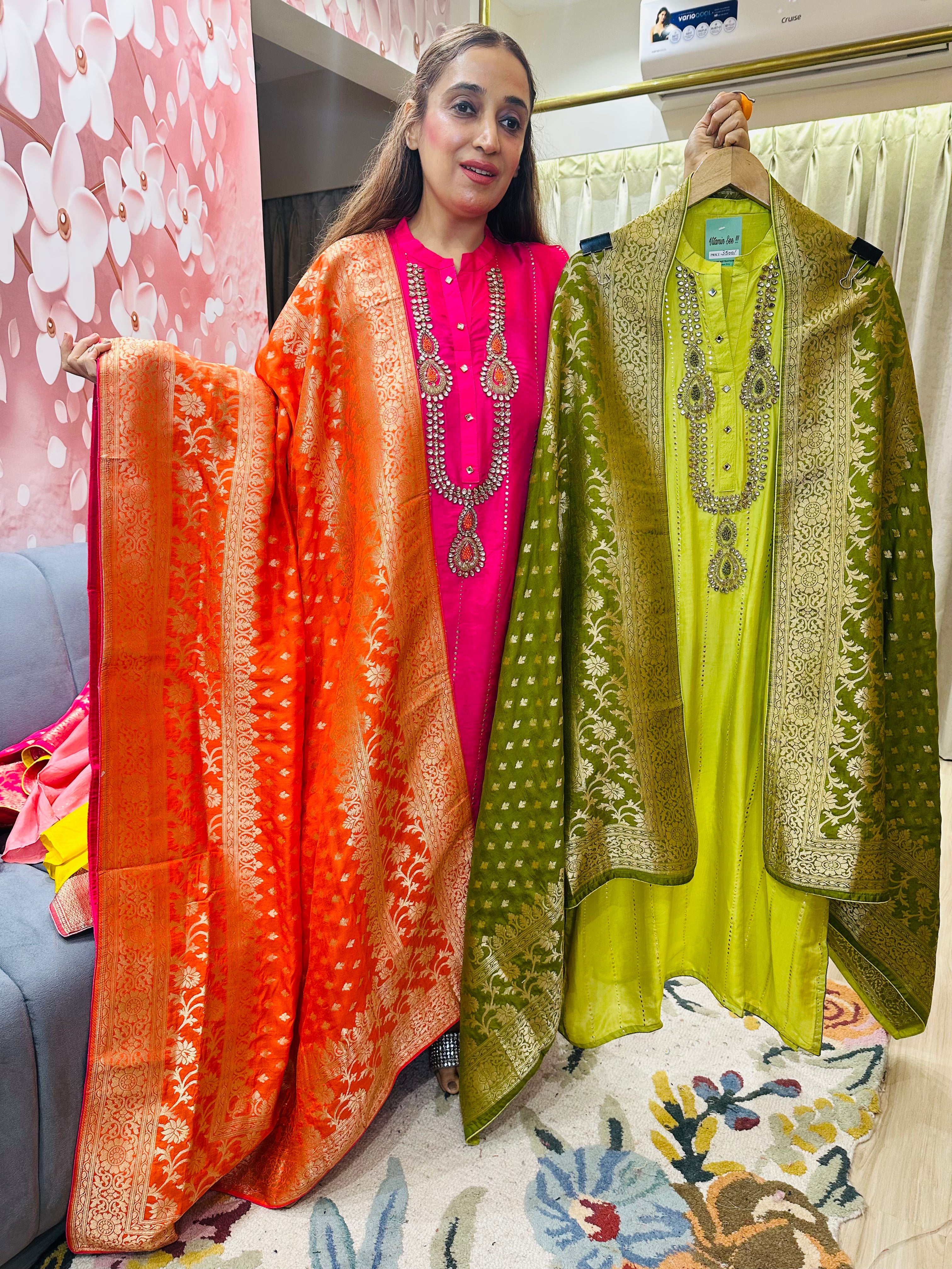 UNSTITCHED SILK KUNDAN WORK SUITS WITH BANARSI DUPATTAS.