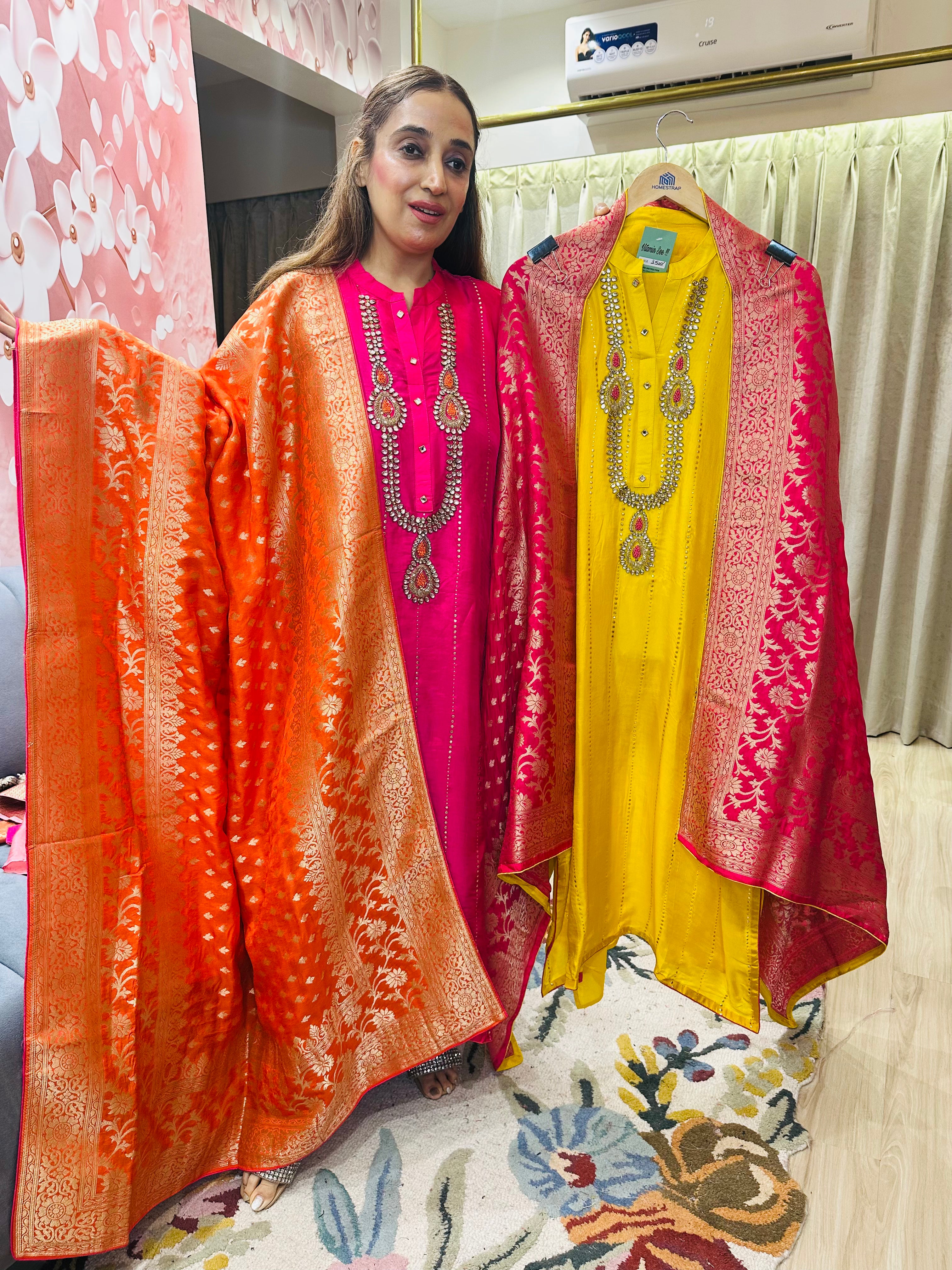 UNSTITCHED SILK KUNDAN WORK SUITS WITH BANARSI DUPATTAS.