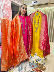 UNSTITCHED SILK KUNDAN WORK SUITS WITH BANARSI DUPATTAS.