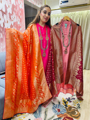 UNSTITCHED SILK KUNDAN WORK SUITS WITH BANARSI DUPATTAS.