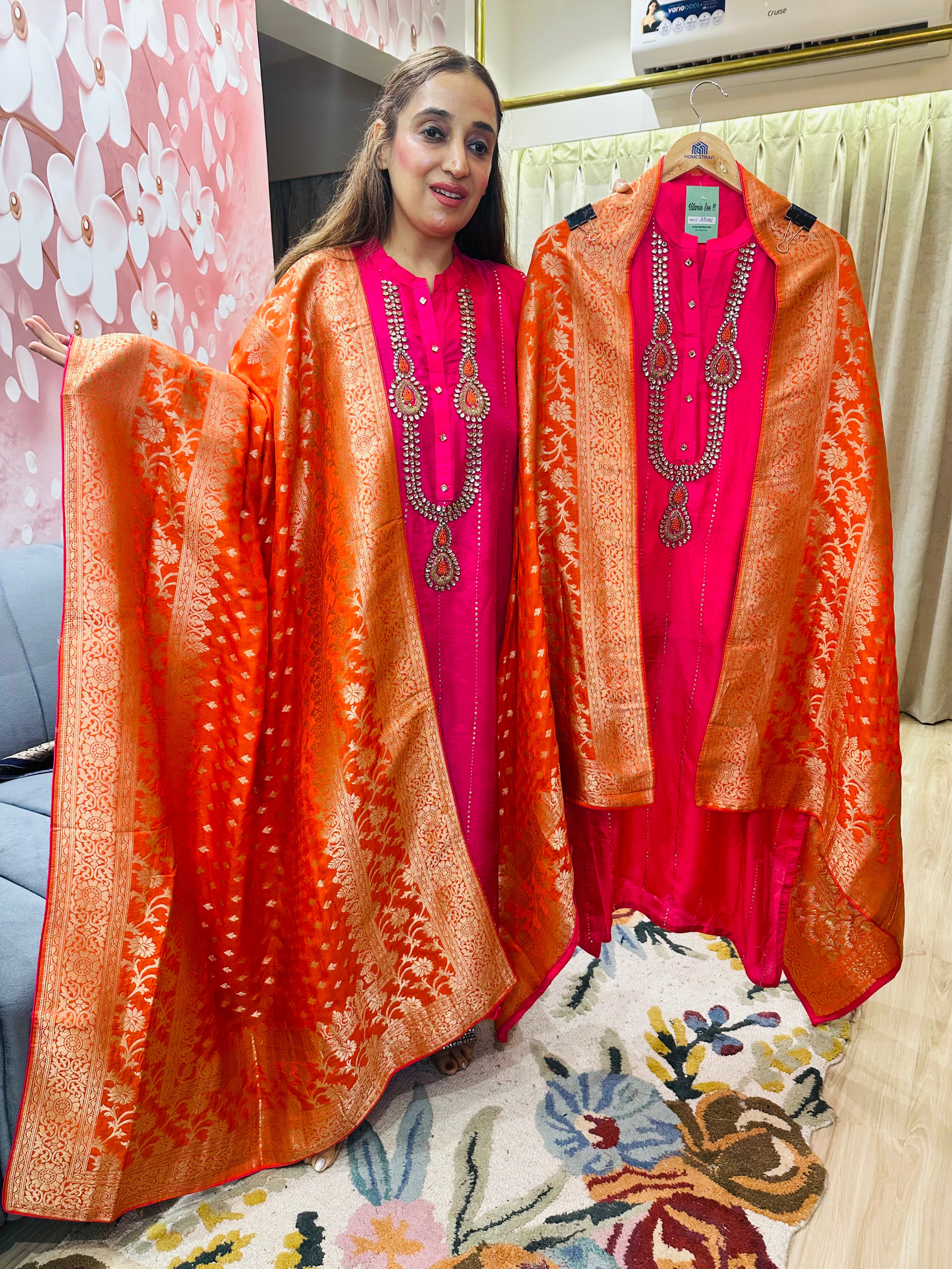 UNSTITCHED SILK KUNDAN WORK SUITS WITH BANARSI DUPATTAS.